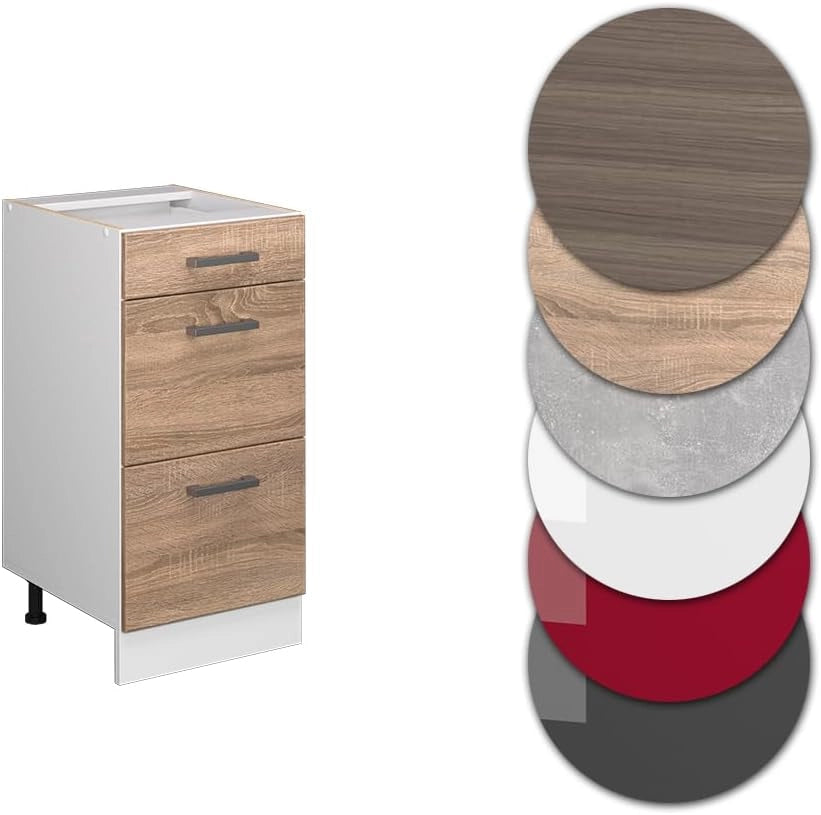 Mobiletto base per cucina R-Line, Sonoma, 40 cm con cassetti, senza piano di lavoro, per la libera combinazione all'interno di sistemi cucina modulari