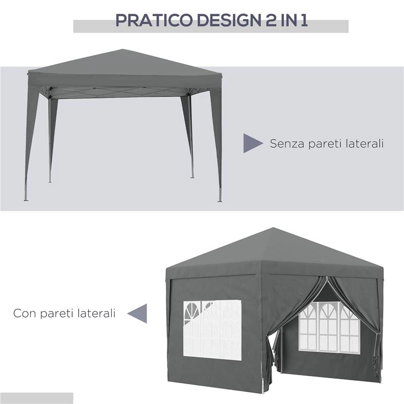 GAZEBO DA ESTERNO 3X3 M PIEGHEVOLE CON 4 PANNELLI LATERALI IN ACCIAIO E TESSUTO OXFORD GRIGIO