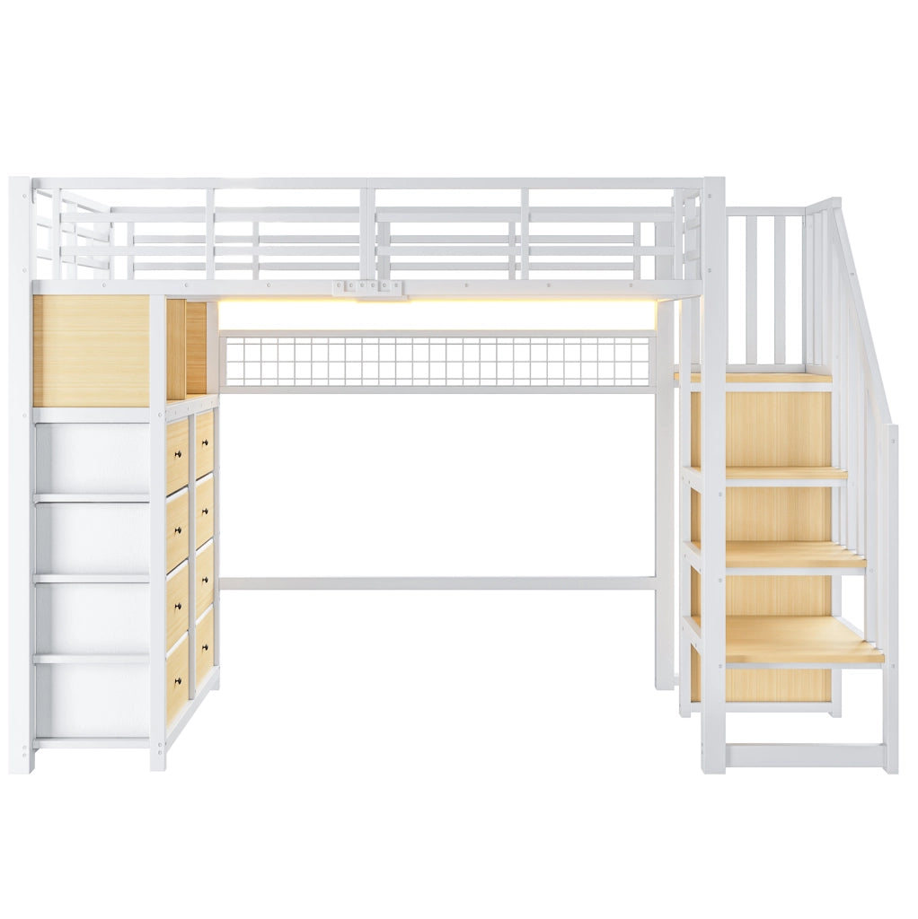 Letto a soppalco 90x200 cm con 8 cassetti, LED e scala in MDF e metallo bianco