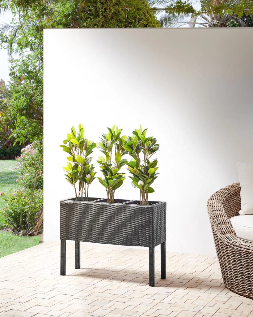 Fioriera da giardino in finto rattan nero con 3 inserti per interni e per esterni