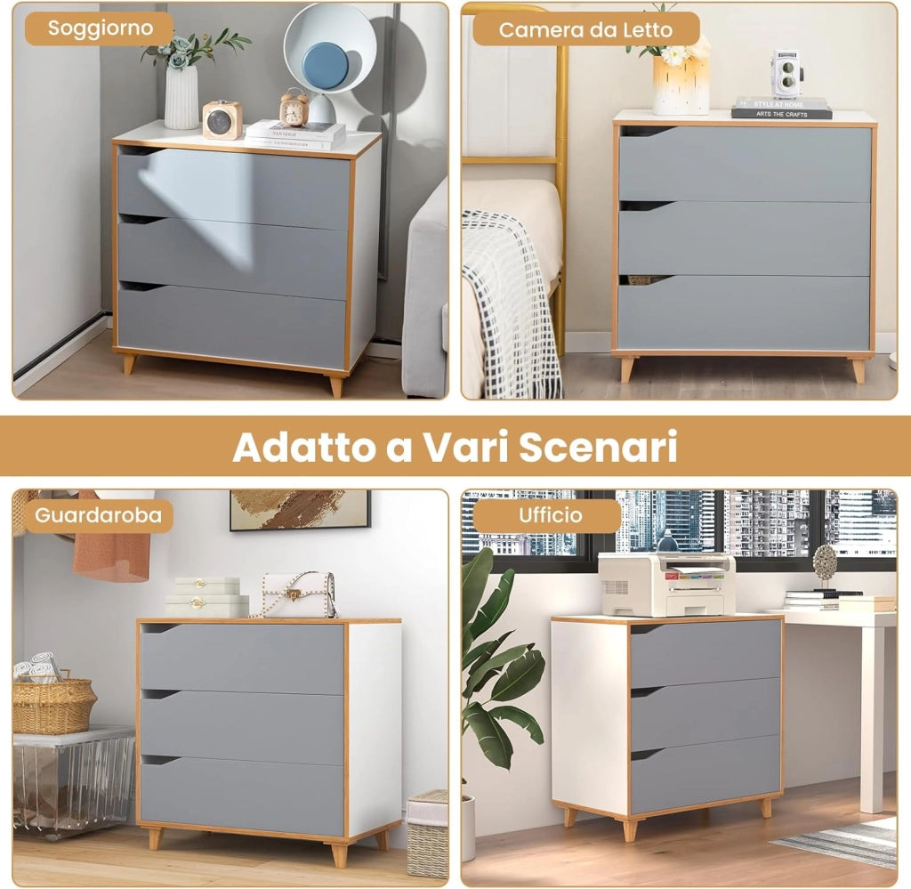 Cassettiera in Legno, Cassettiera Moderna con 3 Cassetti, Maniglia Incorporata e Dispositivo Anti-ribaltamento, per Camera da Letto, Ingresso, Cabina Armadio, 75 x 42 x 75 cm (Grigio)