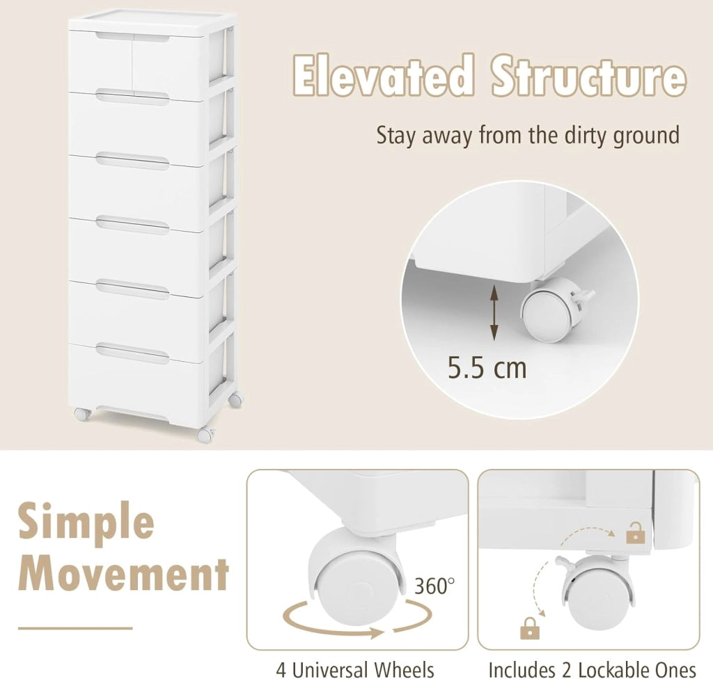 Armadietto per nicchia con ruote, scaffale per nicchia con 7 cassetti, carrello stretto con serratura a rotelle, carrello da bagno con piccolo armadio a cassetti 40 x 32 x 114 cm, bianco