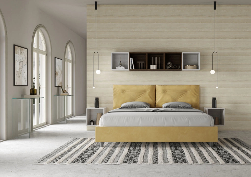 BS COM Letto matrimoniale king size senza rete imbottito 190x200 microfibra ocra Large