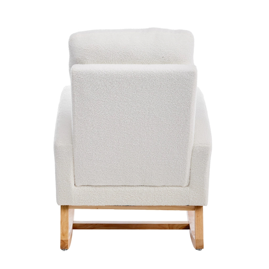 Sedia a dondolo in bouclé con poggiapiedi estraibile e tasche laterali in legno bianco 65,6 × 123 × 102 cm