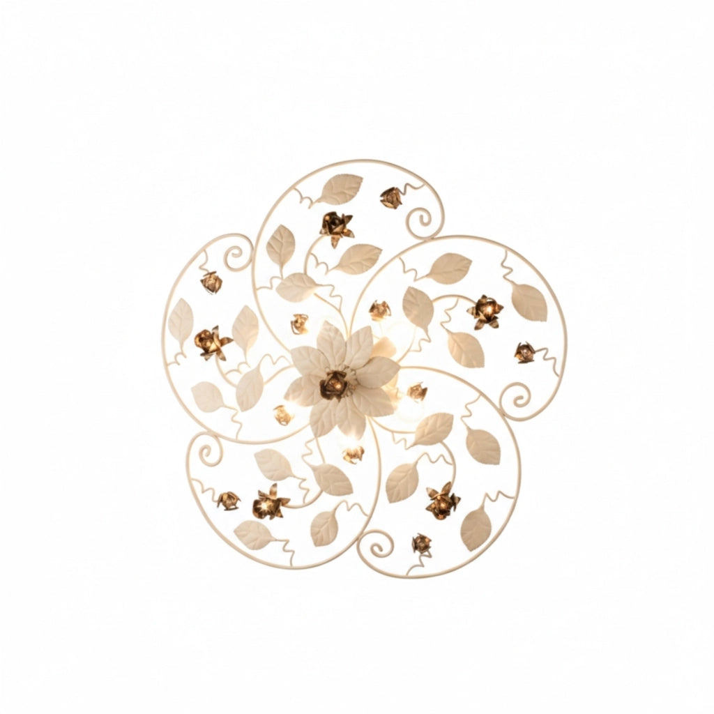 Plafoniera Shabby Chic Bella Metallo Avorio Oro 5 Luci E14