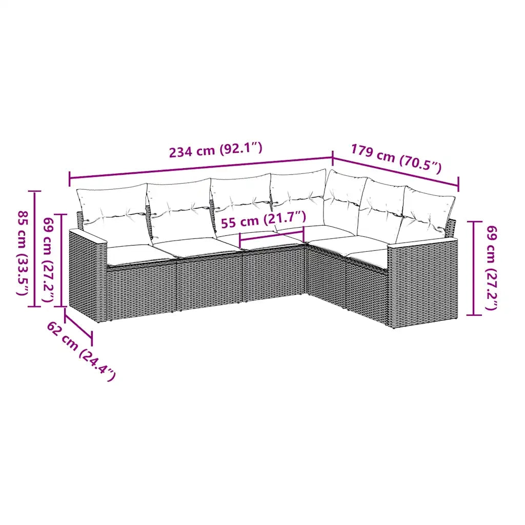 Set Divano da Giardino 6 pz con Cuscini Nero in Polyrattan