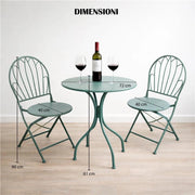 SET DA GIARDINO CON 1 TAVOLO E DUE SEDIE IN METALLO COLORE VERDE