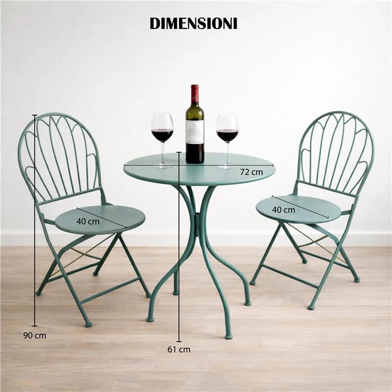 SET DA GIARDINO CON 1 TAVOLO E DUE SEDIE IN METALLO COLORE VERDE