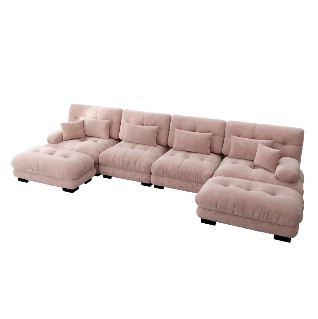 Divano modulare 4 posti con pouf mobili 406x145x81 cm in ciniglia rosa