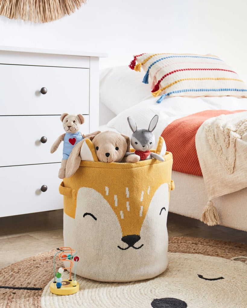 Cesto portaoggetti per bambini in cotone beige e arancione con maniglie per riporre i giocattoli