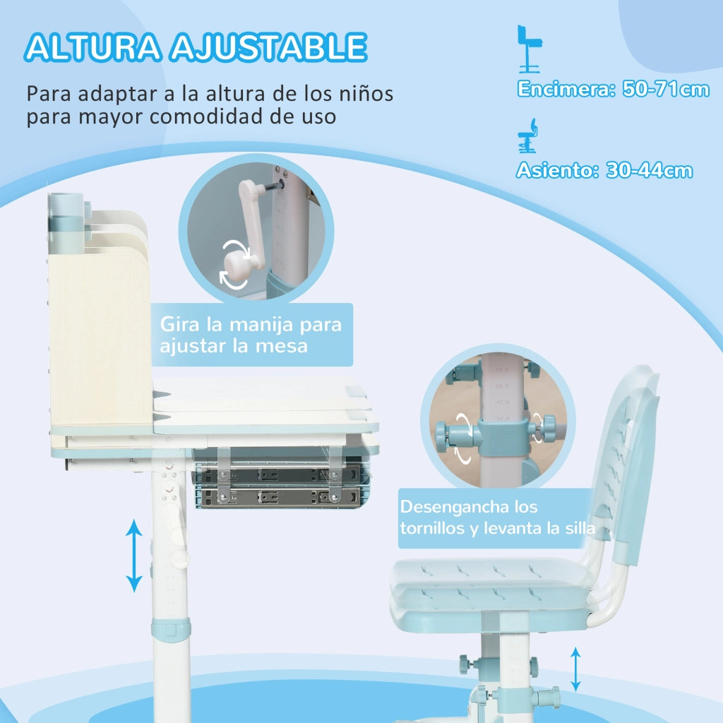 Scrivania per Bambini con Sedia Regolabile ¨C Zephmum ¨C 80x52x88-109 cm Azzurro