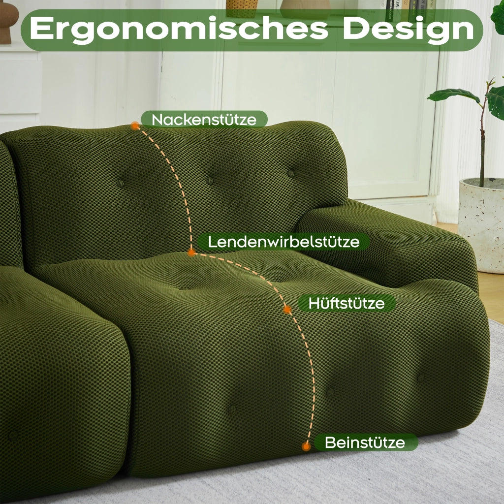 Divano a due posti in tessuto con braccioli ampi, bottoni cuciti a mano e base antiscivolo verde 224 × 104 × 66 cm