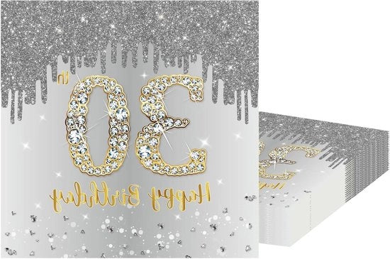 30 Tavole di compleanno in carta argentata - Decorazioni per il 30° compleanno di una ragazza - Set di serviette per il suo compleanno - Regali per il compleanno di una donna
