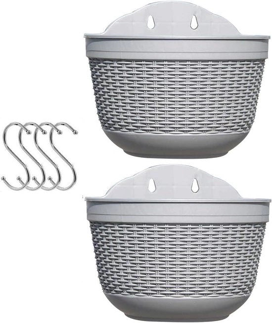 Piantiera - Cestino per piante Cestini per piante da appendere Esterni Cestini per piante da appendere in plastica Cestini per piante da appendere per balcone o muro Cestini per piante con drenaggio e 4 ganci - Grigio e Grigio