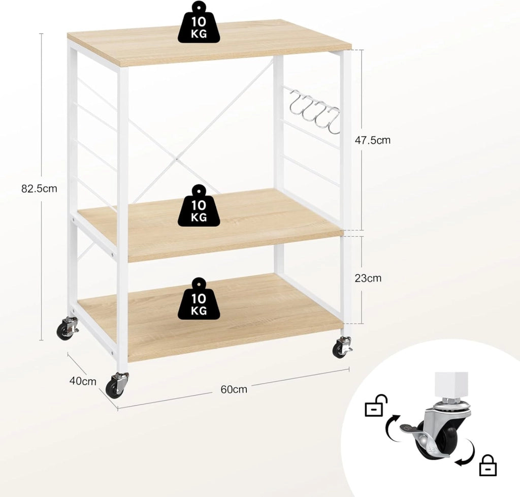Scaffale da Cucina con Ruote, Carrello Cucina a 3 Livelli, Scaffale per Microonde con 4 Ganci, Carrello da Bar con Struttura in Metallo, Bianco + Effetto Legno, 60x40x82,5 cm