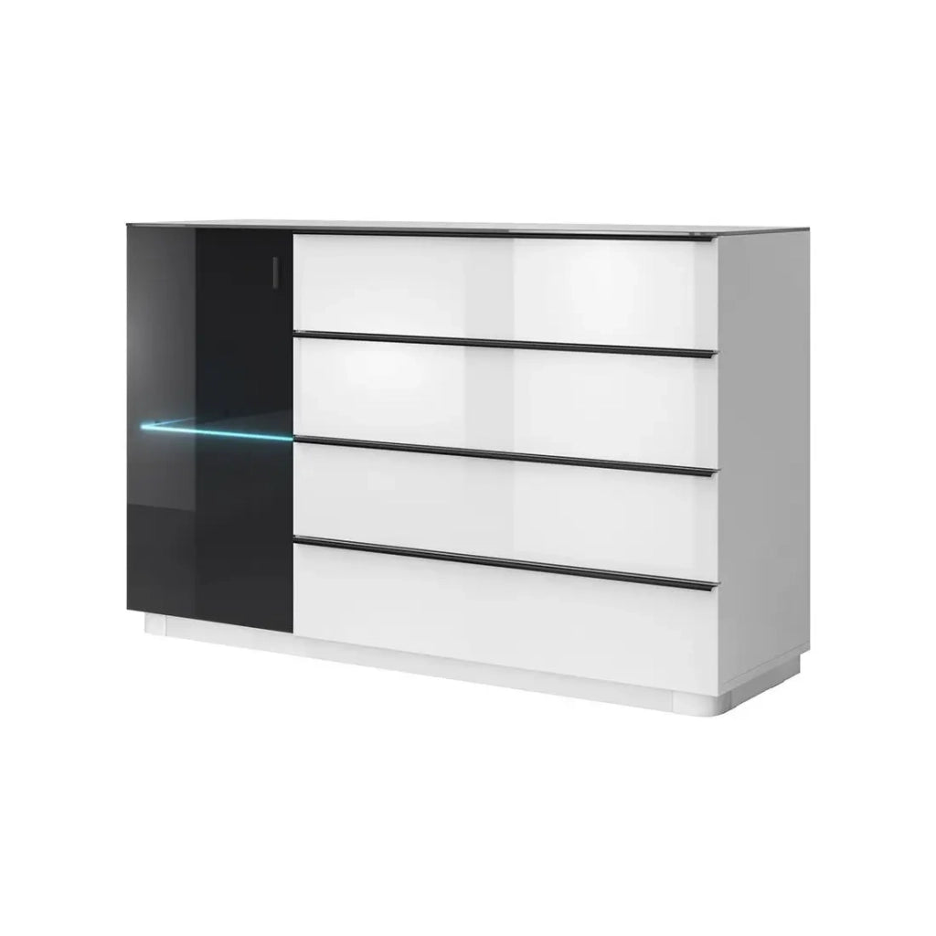 Credenza TONGA 138x87.5x43.5 cm con 4 cassetti e 1 porta, colore bianco lucido