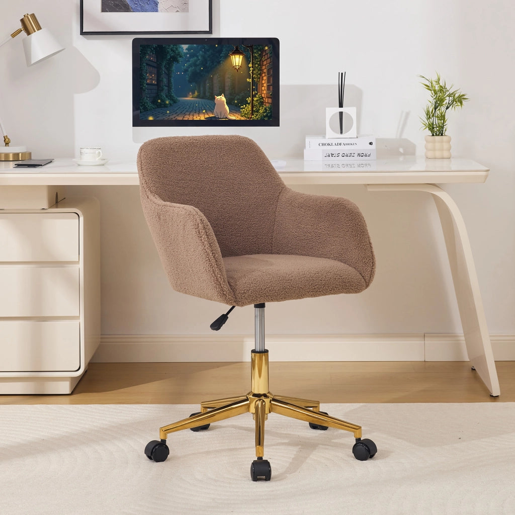 Sedia da ufficio girevole regolabile in altezza 360° con ruote antigraffio in tessuto teddy marrone 58 × 58 × 86 cm