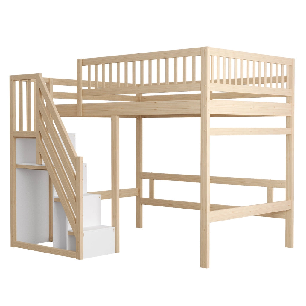 Letto 140x200 cm con scala contenitore e protezione alta in legno colore naturale