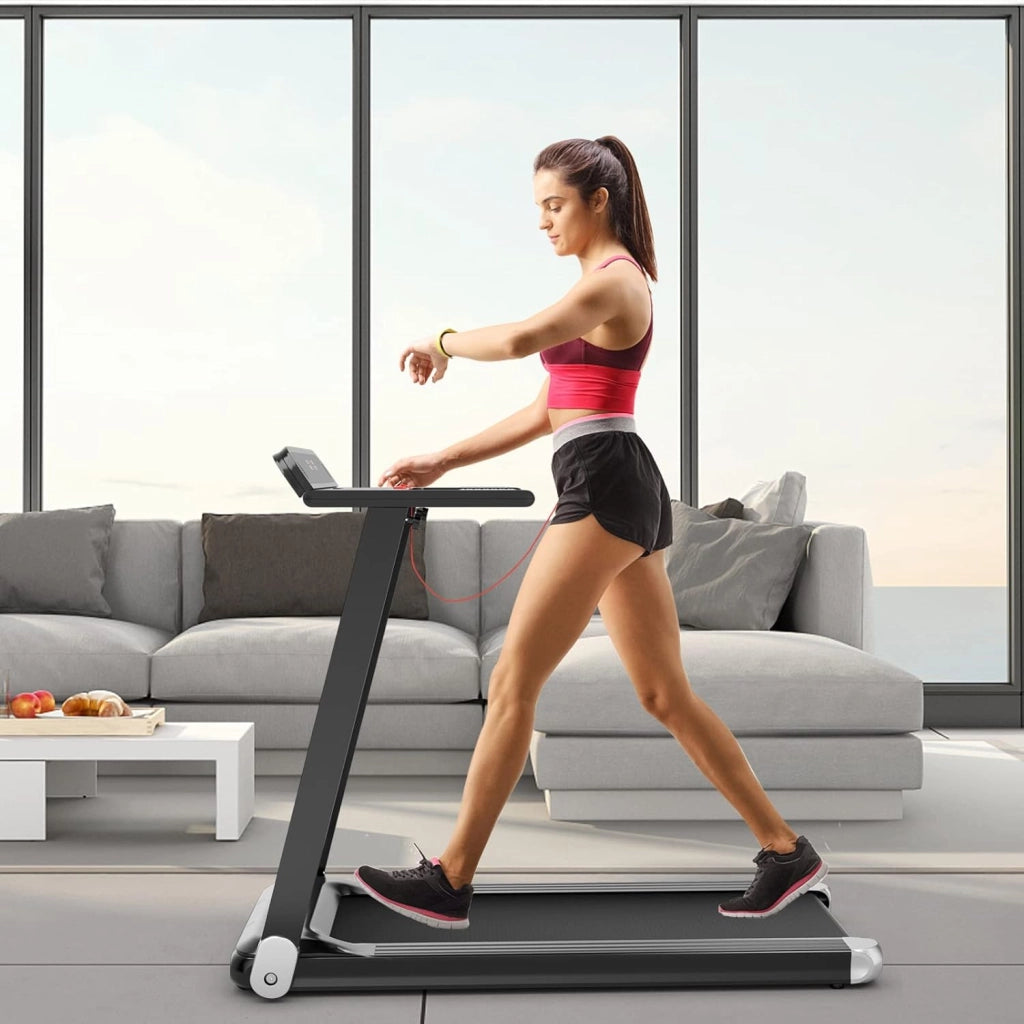 Tapis Roulant Elettrico Pieghevole Salvaspazio, Tapis Roulant con Controllo APP, 12 Programmi Preimpostati, Schermo LED e Porta Dispositivi e Bluetooth, Velocità 1-12 km/h
