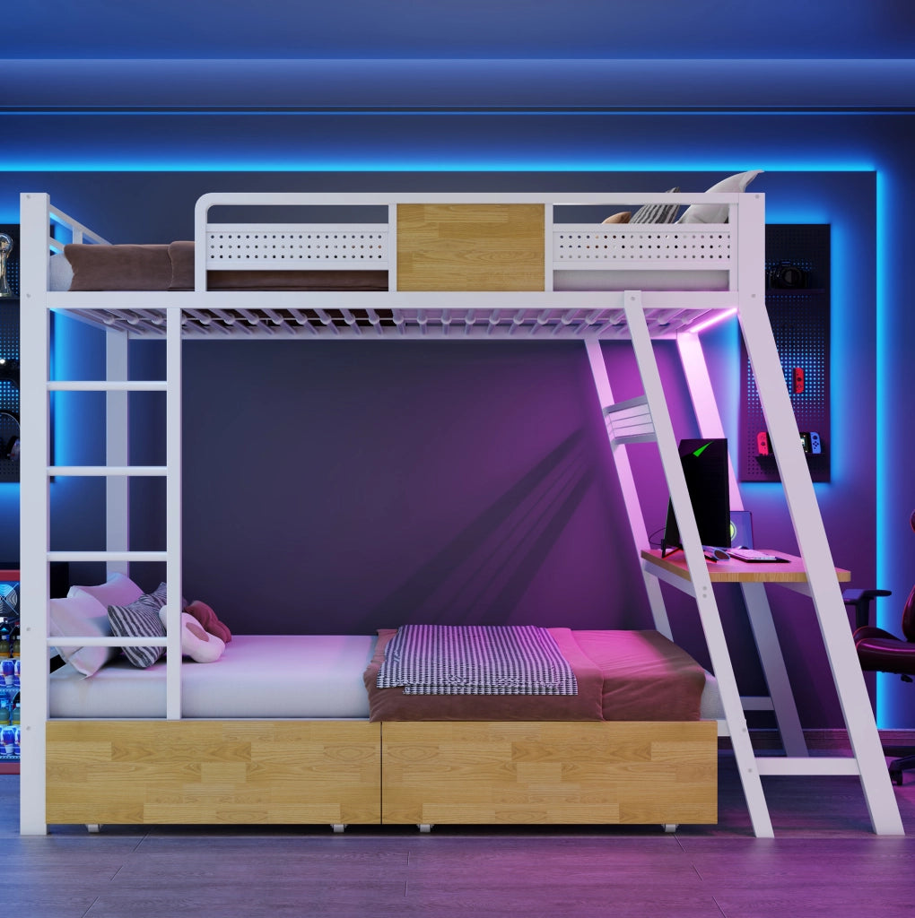 Letto a castello 90x200 cm con scrivania; LED e contenitori in metallo bianco