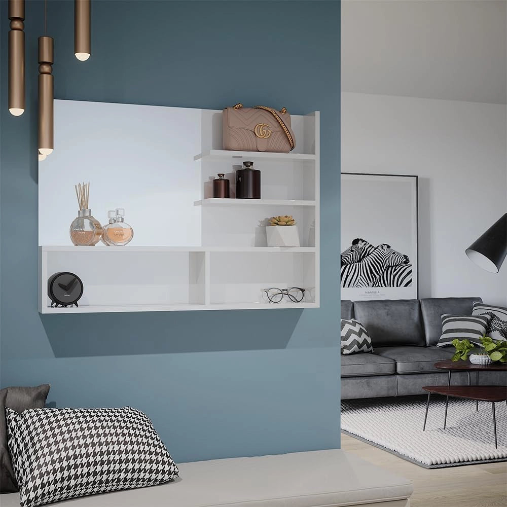 Specchio bagno, Bianco lucido, 89.8 x 65 cm con scomparti aperti, con cinque ripiani aperti per la conservazione degli accessori da bagno