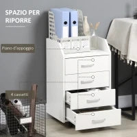 Cassettiera da Ufficio in Legno con 4 Cassetti, Ruote e Bordi Rialzati, 40x36x65cm, Bianco