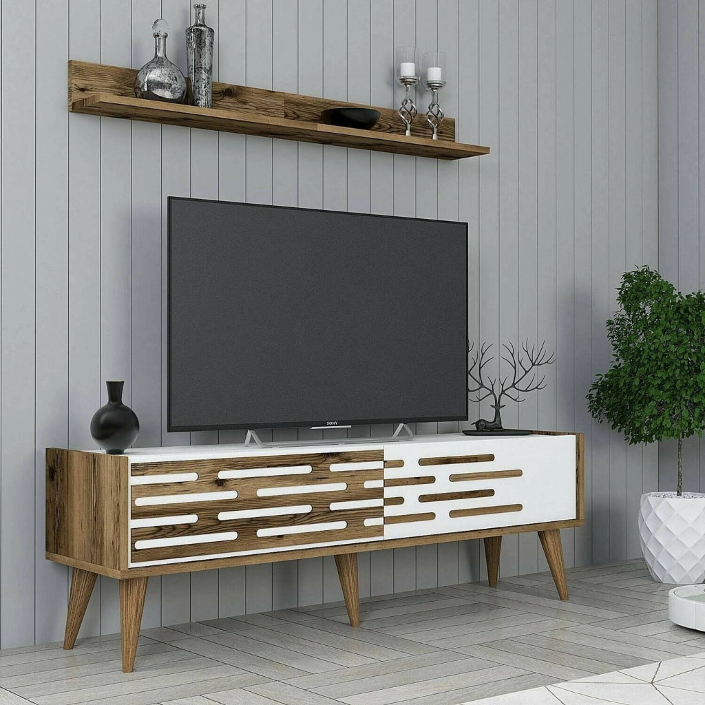 Mobile porta TV Arsiero, Credenza da soggiorno, Armadio basso per TV, Base parete attrezzata, 140x45h35 cm, Noce e Bianco