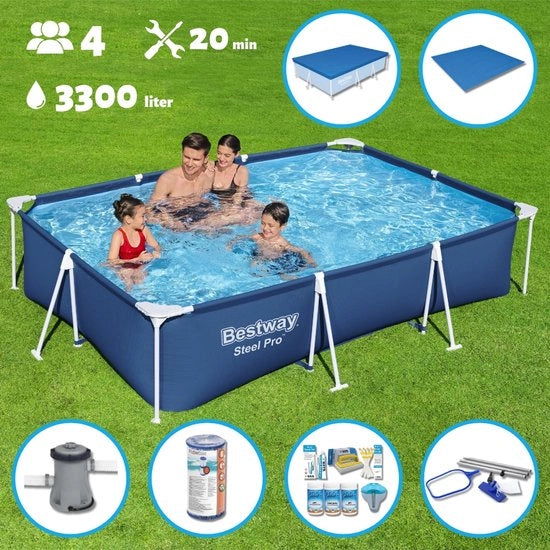 Piscina Opzionale - Rectangolare - 300 x 201 x 66 cm - Blu - Incluso Pomp, Filtro, Kit Chloor, Fondello, Copertura, Kit Pulizia