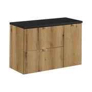 Set da bagno sospeso VANO in rovere e nero 90cm: mobile sottolavabo con cassetti e armadietti + piano per lavabo