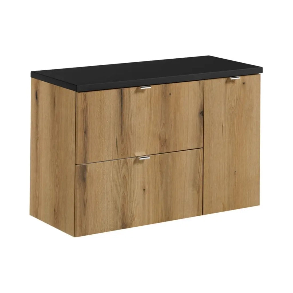 Set da bagno sospeso VANO in rovere e nero 90cm: mobile sottolavabo con cassetti e armadietti + piano per lavabo