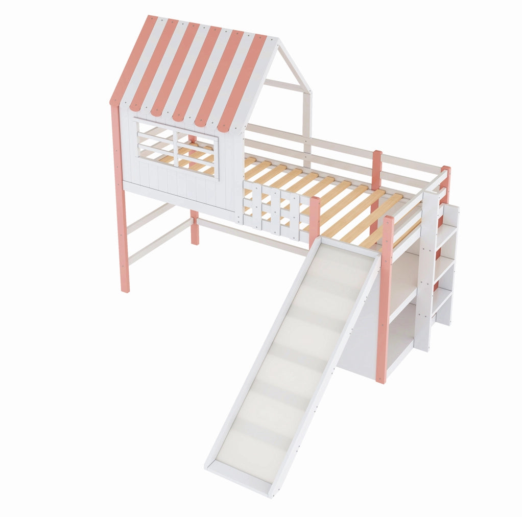 Letto a soppalco per bambini 90x200 cm rosa con scivolo