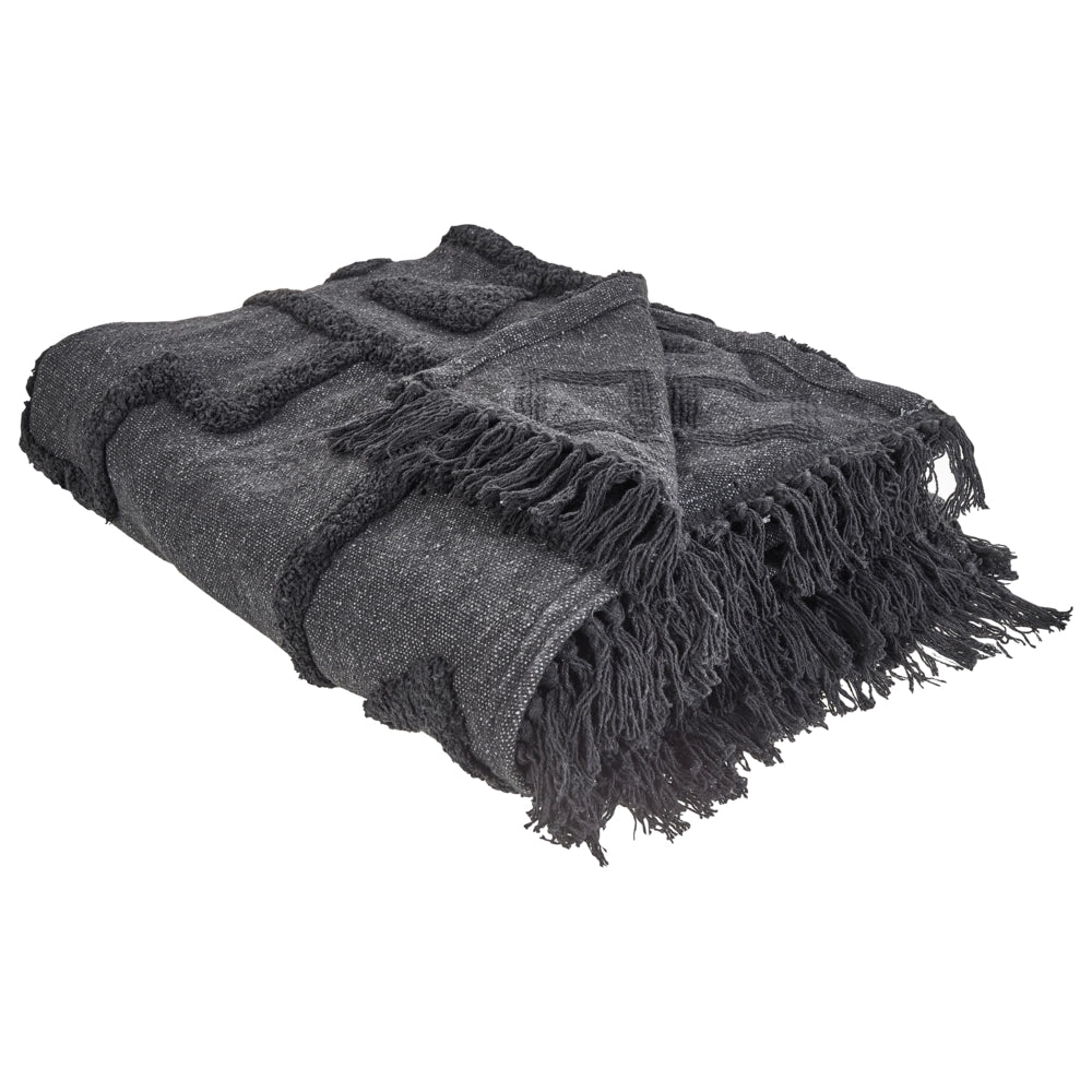 Coperta Grigio Cotone 200 x 220 cm Grande Coperta Letto Lancio Ciuffo Stile Boho