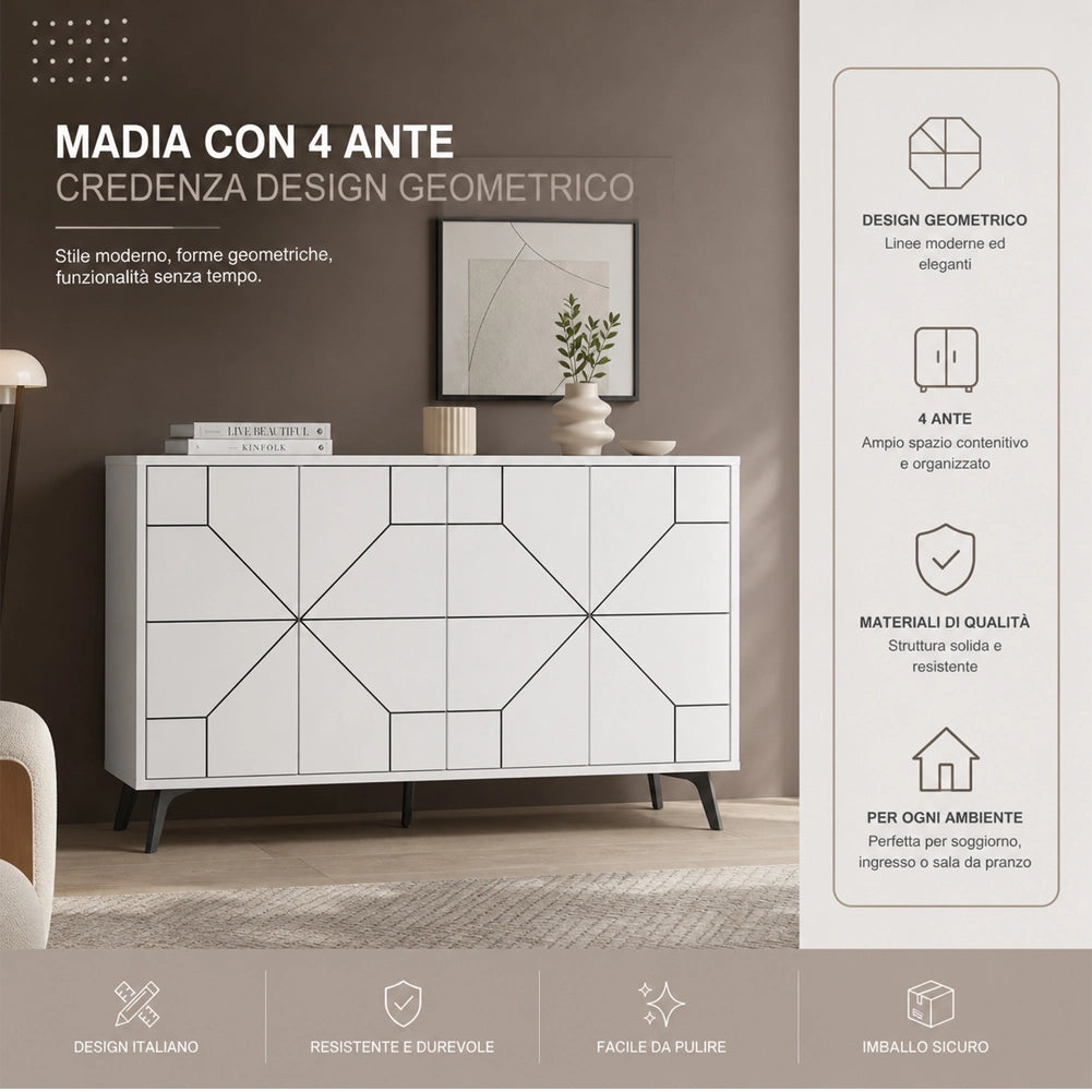 Madia con 4 Ante Credenza Design Geometrico Moderno in Legno 123x77 cm Bianco