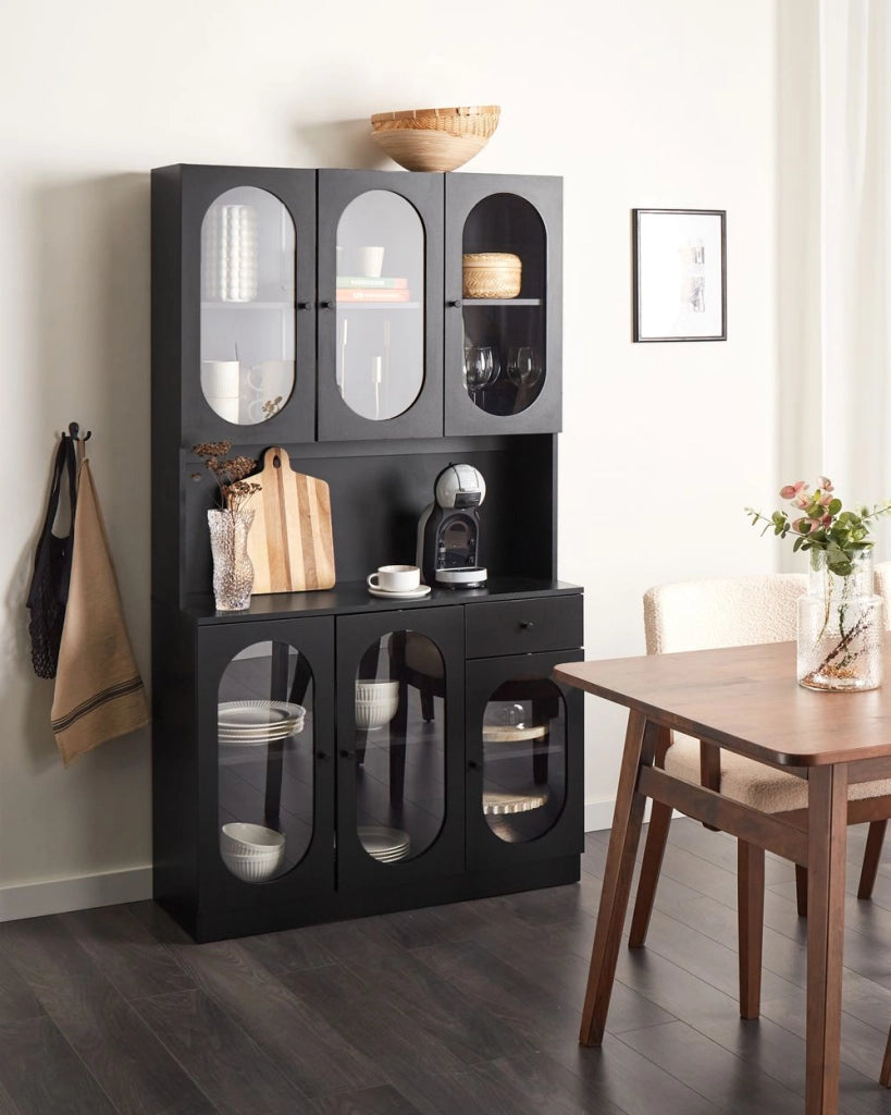 Vetrinetta in vetro Nero Particle Board Vetro temperato con ripiani e cassetti Sala da pranzo Elegante