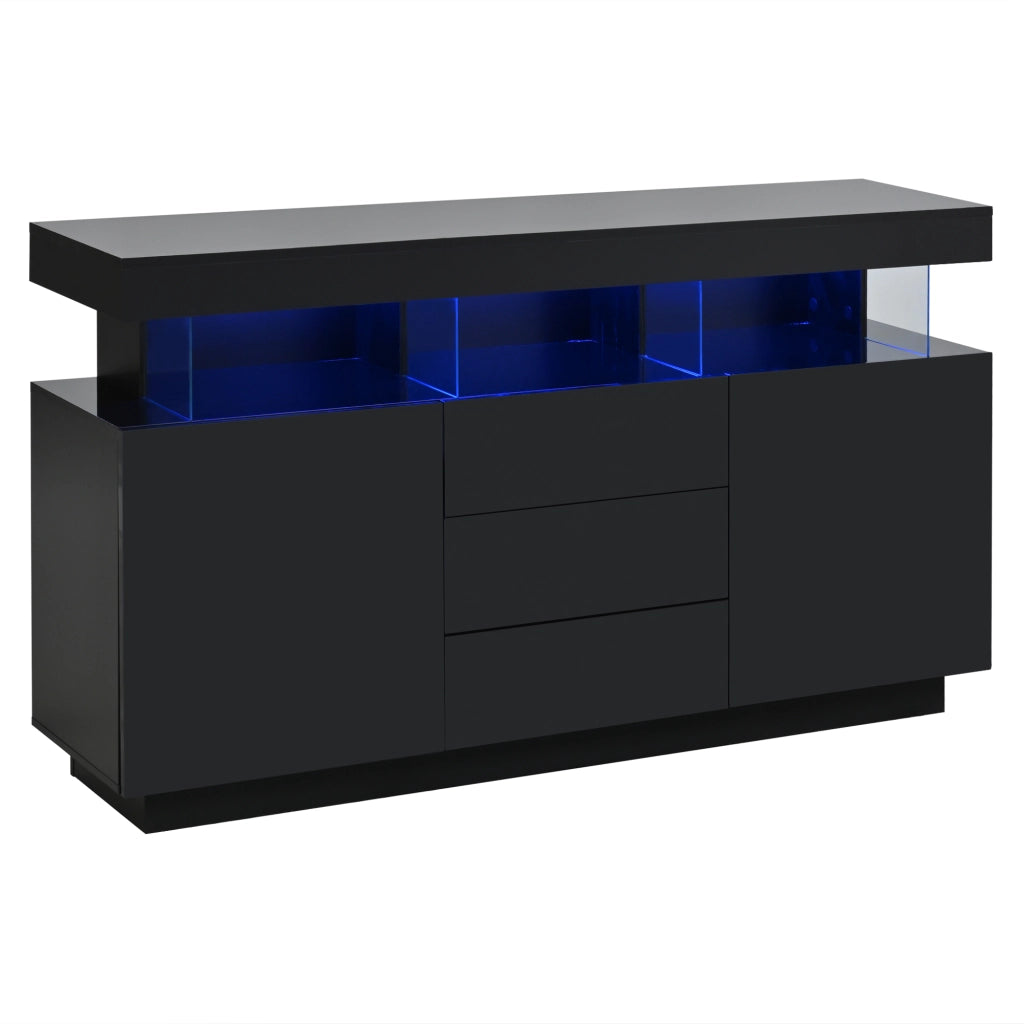 Sideboard moderno lucido nero 140 x 35 x 80 cm con LED, 3 cassetti e 2 vani contenitori