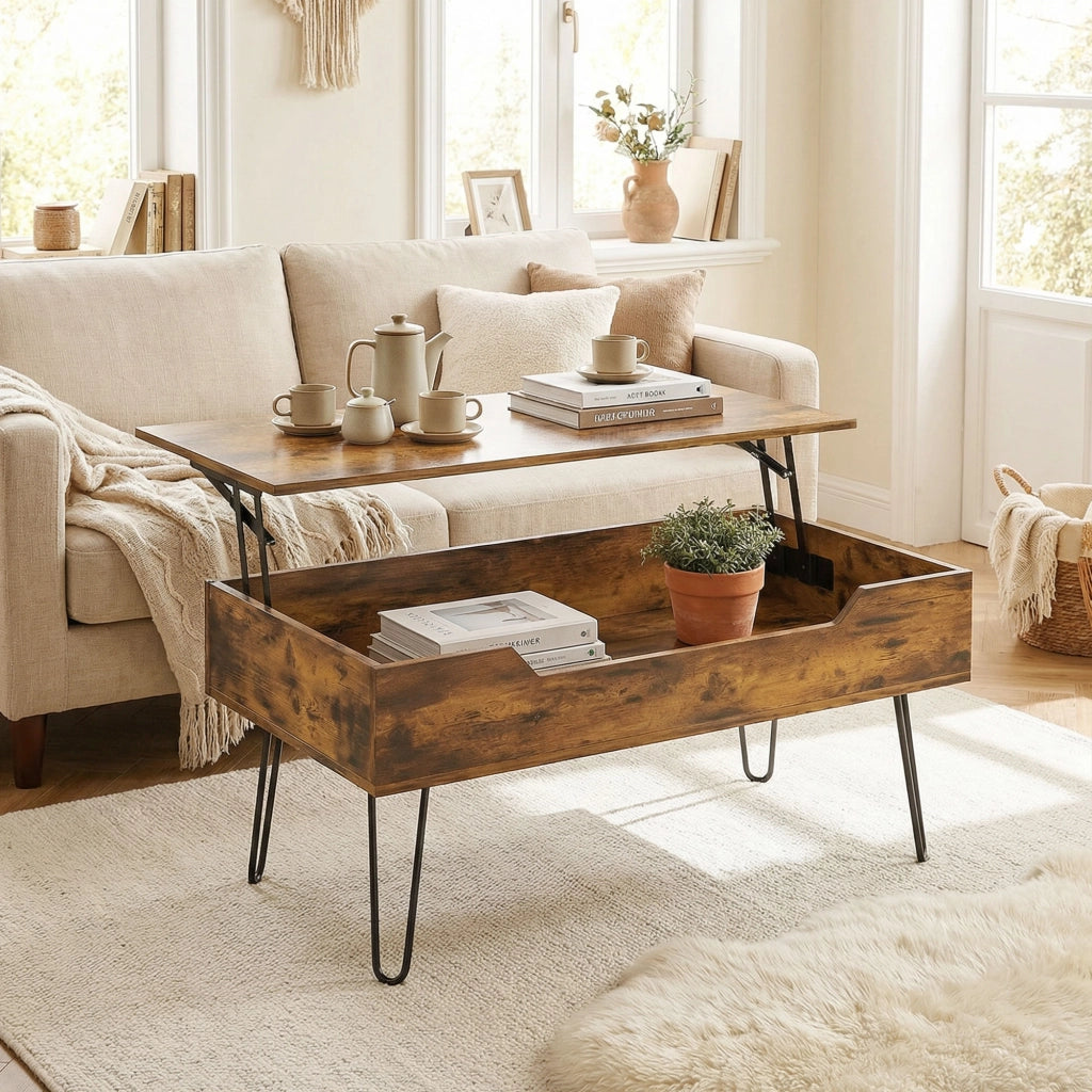 Tavolino da caff¨¨ in legno con ripiano nascosto ¨C zephmum ¨C 95x50x40 cm, marrone rustico