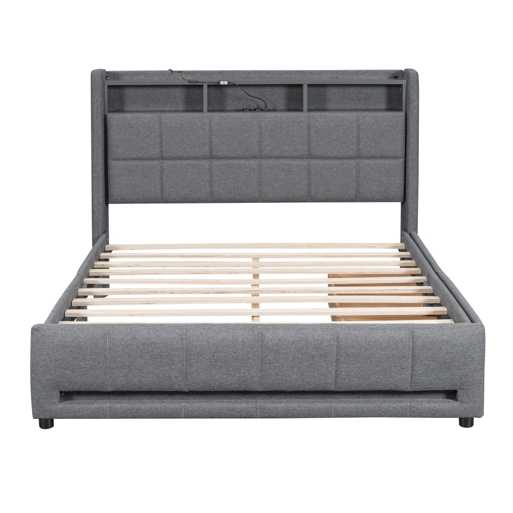 LETTO 140x200 cm con cassetti, LED e USB in lino grigio