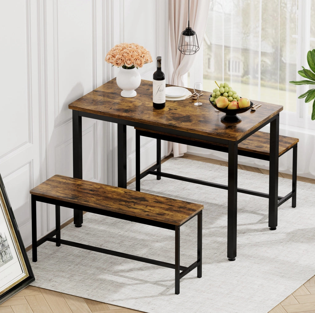 Set tavolo da pranzo 110x60 cm con 2 panche, marrone rustico e nero, salvaspazio