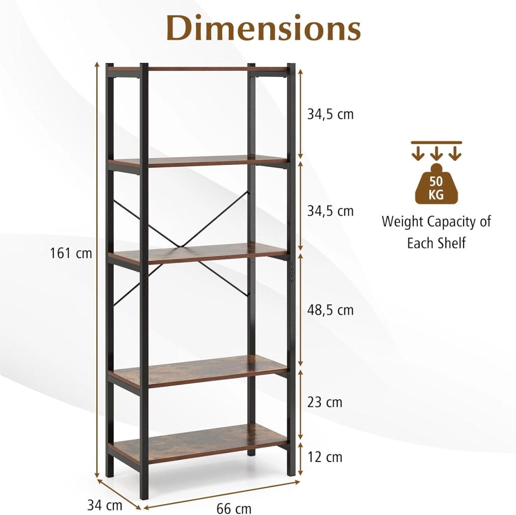 Scaffale multifunzionale a 5 livelli, 66 x 34 x 161 cm, libreria in legno e metallo con kit antiribaltamento, stile industriale, libreria per soggiorno, studio
