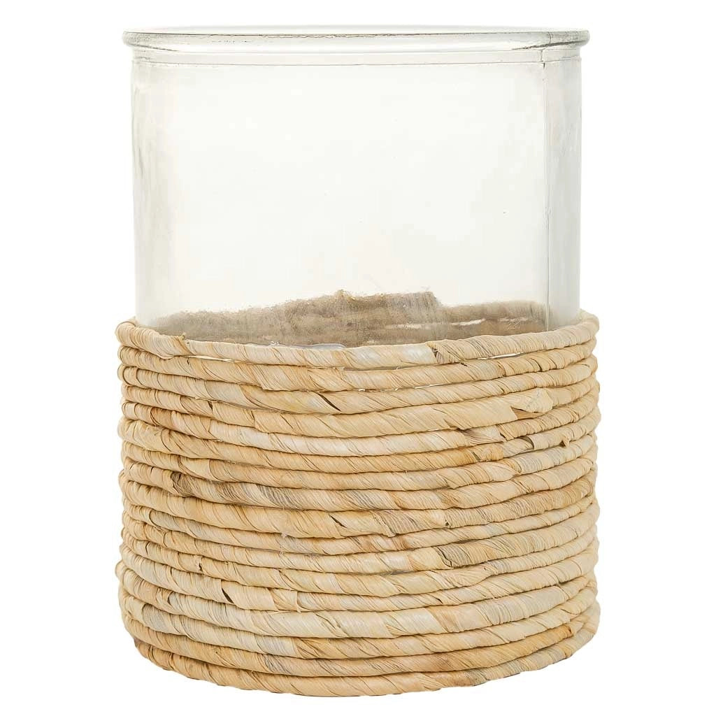 Vaso in vetro marrone e fibra naturale d13x17h