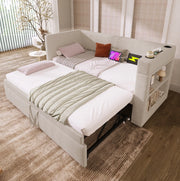 Divano letto estraibile 90x190 cm in cotone-lino beige con USB e Type-C