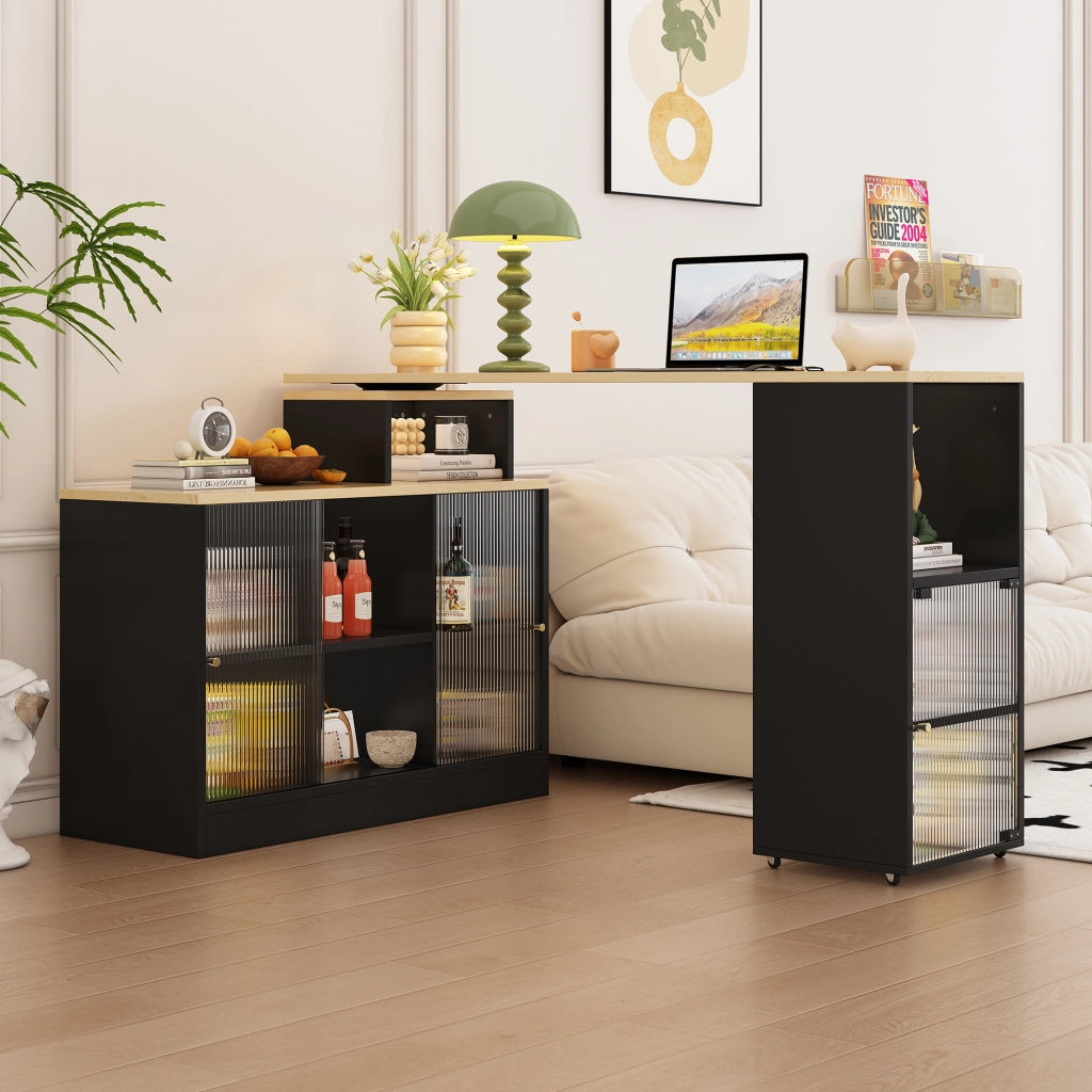 TAVOLO BAR ESTENSIBILE CON CONTENITORE, MDF E VETRO, NERO