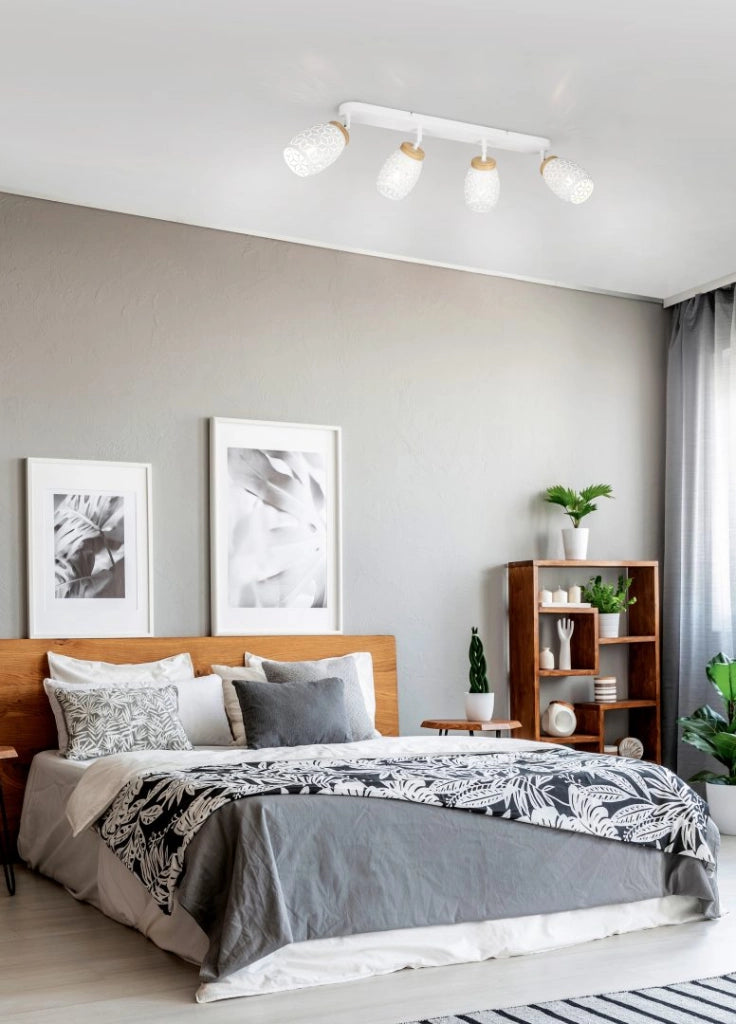Barra 4 spots, metallo, bianco e legno, L 74 cm, Bidar