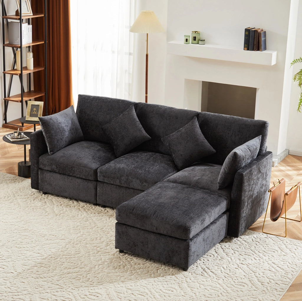 Divano modulare angolare 216x161x81 cm con pouf mobile in chenille grigio