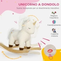 Cavallo a Dondolo per Bambini 2-4 Anni a Unicorno con Suoni e Rivestimento Morbido, Bianco