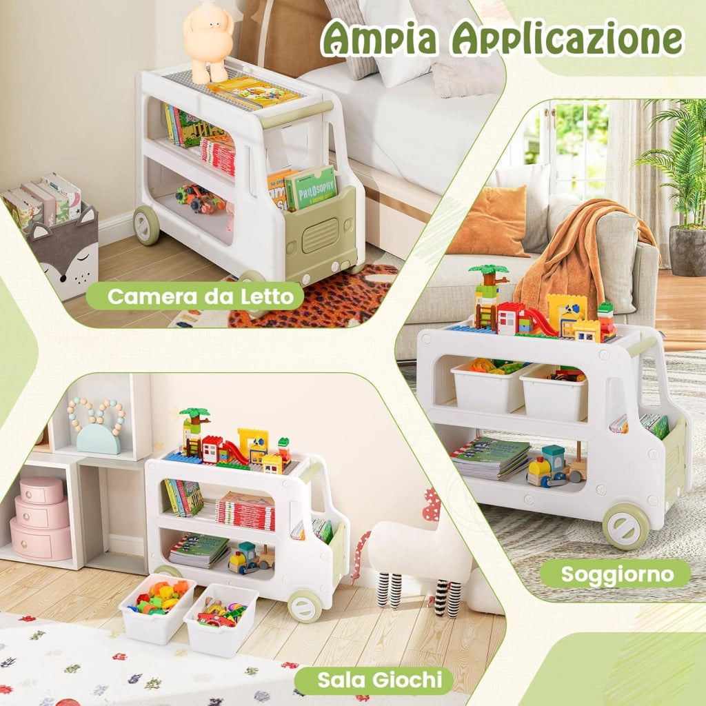 2 in 1 Organizzatore per Bambini, Armadietto Giocattoli a Forma di Auto con Struttura Sicura e 2 Cesti Portaoggetti, Scaffale Apribile a 2 Livelli, Pannello per Costruzioni