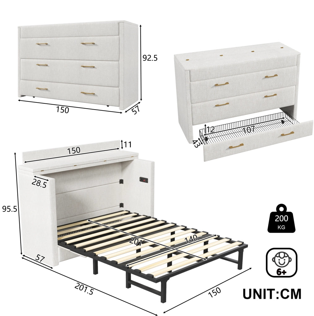 Letto a scomparsa 140x200 cm beige in lino - porte USB e Type-C