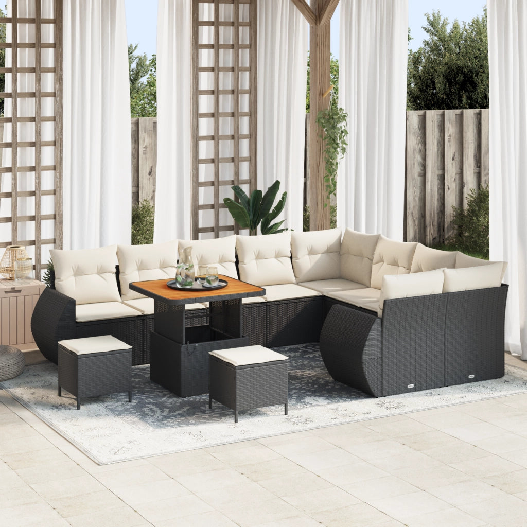 Set Divano da Giardino da 12 Pezzi con Cuscini Rattan Nero Polyrattan Acacia