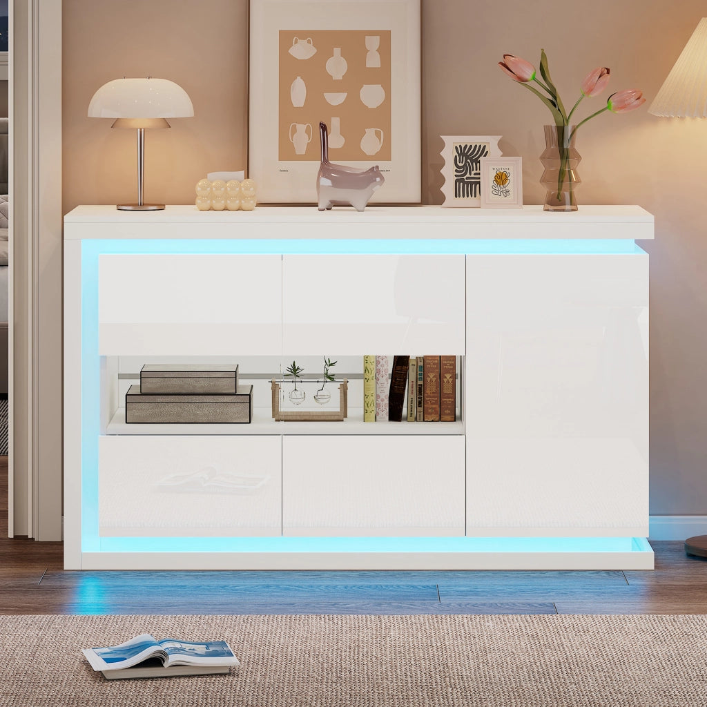 Credenza con LED e 3 ante in truciolare con 2 ante in vetro temperato, per soggiorno e ufficio, bianca, 140 × 40 × 84 cm