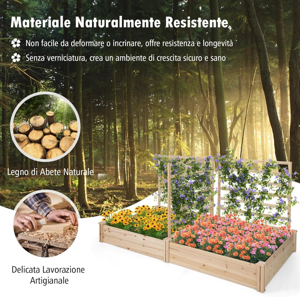Letto Rialzato da Giardino con 2 Cassoni per Piantare e 3 Tralicci, Aiuola Rialzata da Giardino in Legno per Fiori, Erbe, Verdure, Frutta e Viti Rampicanti, 222 cm x 114 cm x 110 cm (Naturale)